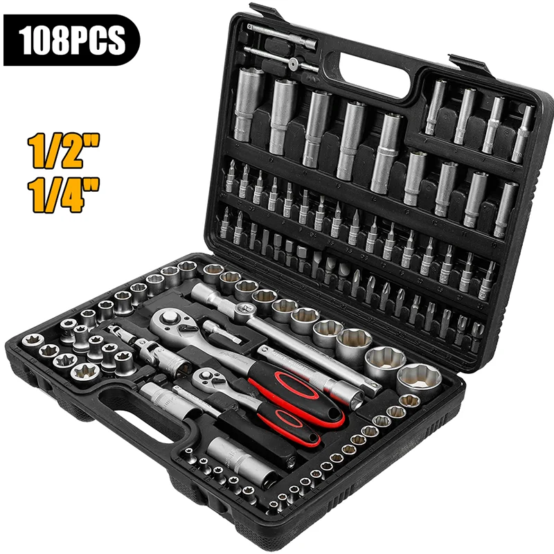 1/4″ 1/2″ Ratchet Socket Wrench 108Pcs Set + Tool Storage Rack Combo Kit Hand Tools for Workshop Garage