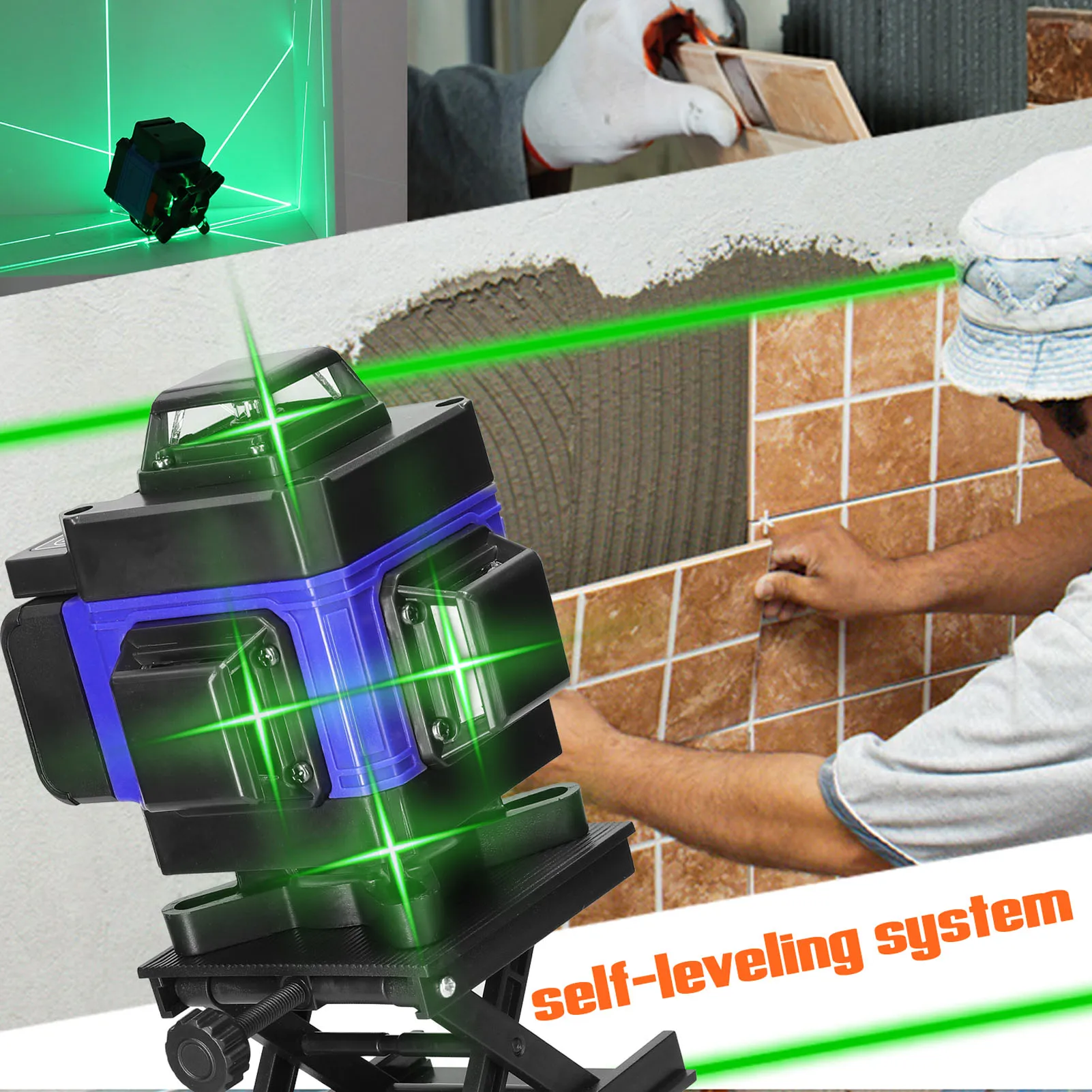 3° Self-leveling Machine 4D 16 Lines Laser Level USB Rechargeable Lithium Battery Leveling Tool with 1.2M 3-Heights Tripod Stand