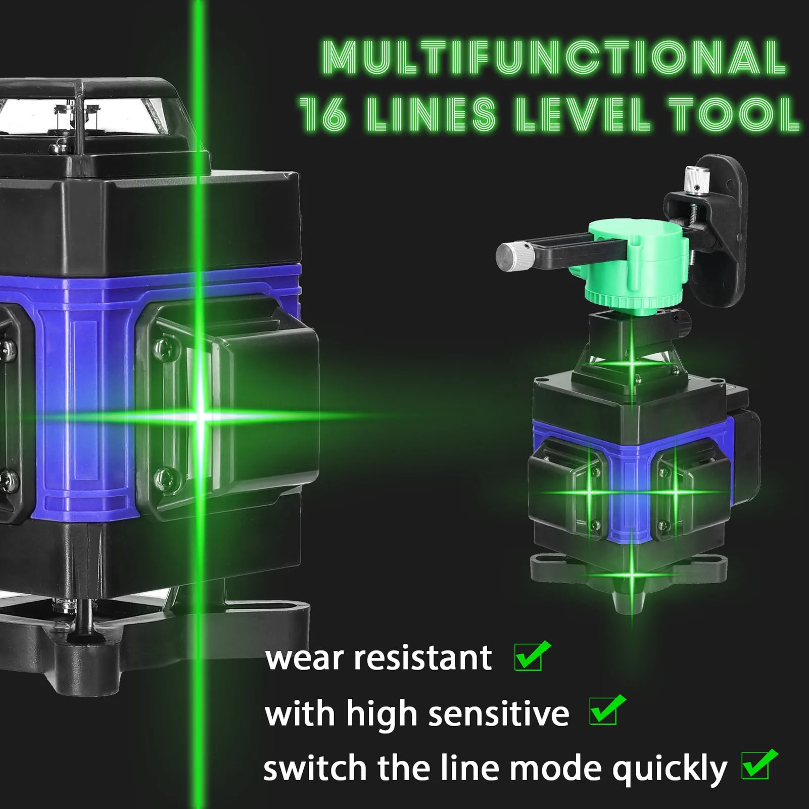 3° Self-leveling Machine 4D 16 Lines Laser Level USB Rechargeable Lithium Battery Leveling Tool with 1.2M 3-Heights Tripod Stand