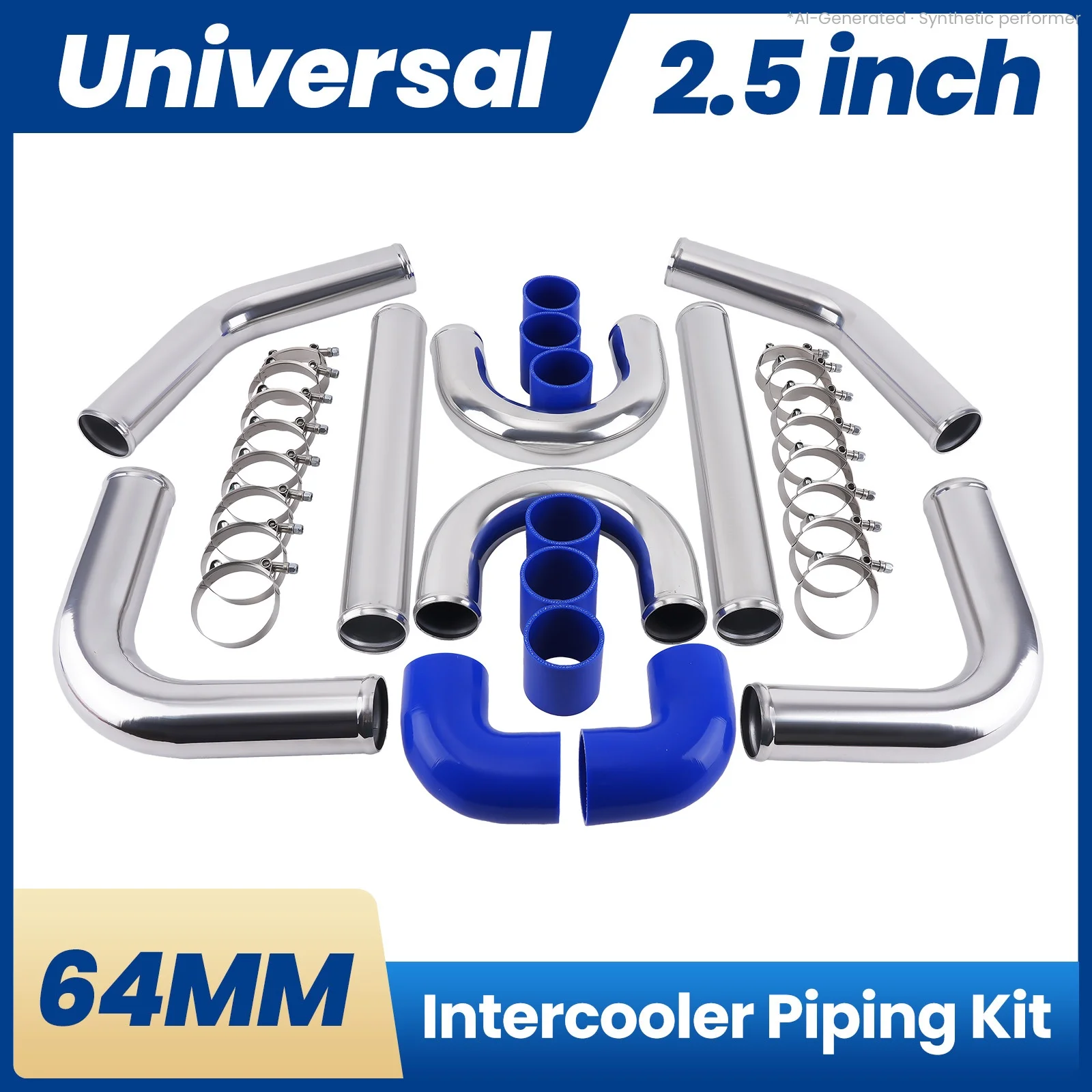 2.5 Inch 64mm Universal Aluminum 2.5" Turbo Intercooler Pipe Tube Duct & Silicone Hose Kit