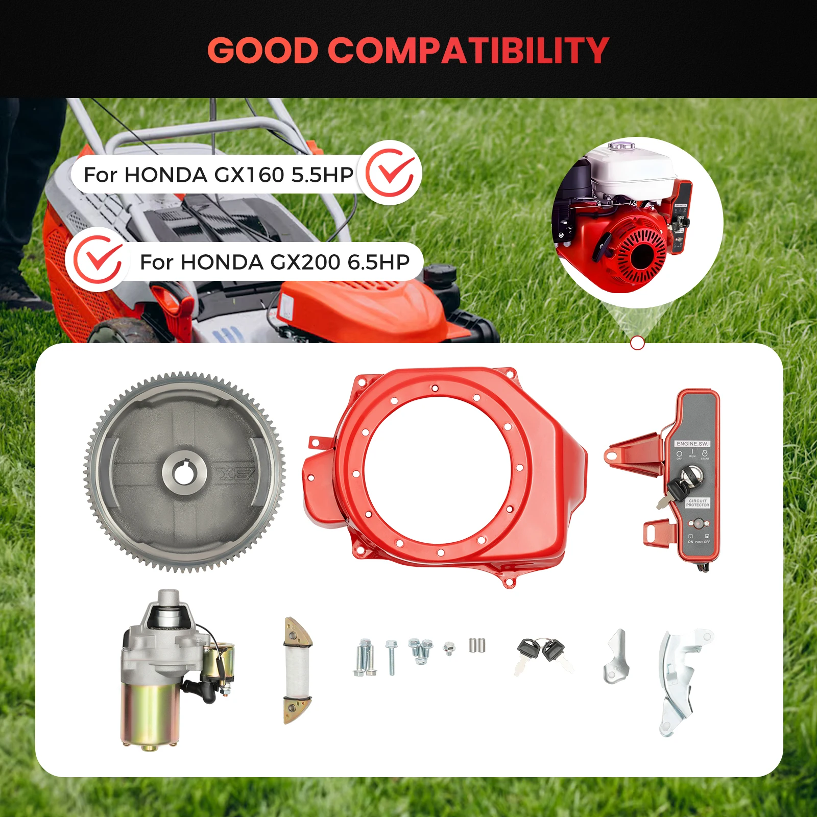 Flywheel Starter Motor Kit 12V Flywheel Starter Motor Direct Replacement for GX160 GX200 Easy Engine Upgrade & Ignition