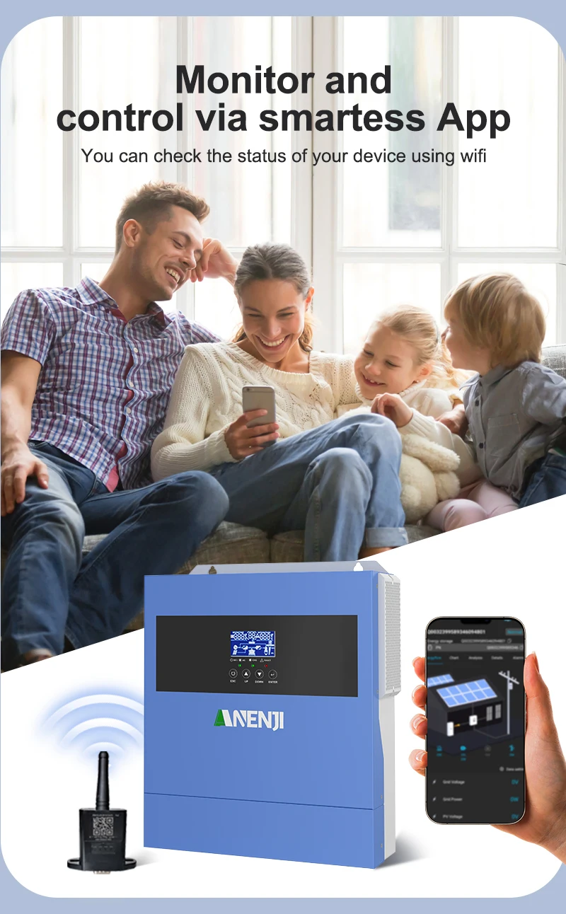 4KW Solar Inverter Hybrid 230VAC Off Grid Pure Sine Wave 500VDC 100A Solar Controller With WIFI Support BMS