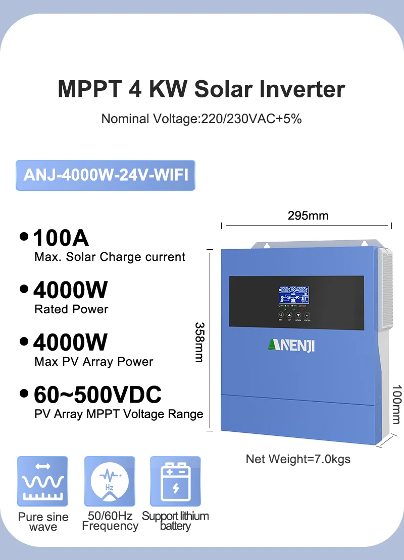 4KW Solar Inverter Hybrid 230VAC Off Grid Pure Sine Wave 500VDC 100A Solar Controller With WIFI Support BMS