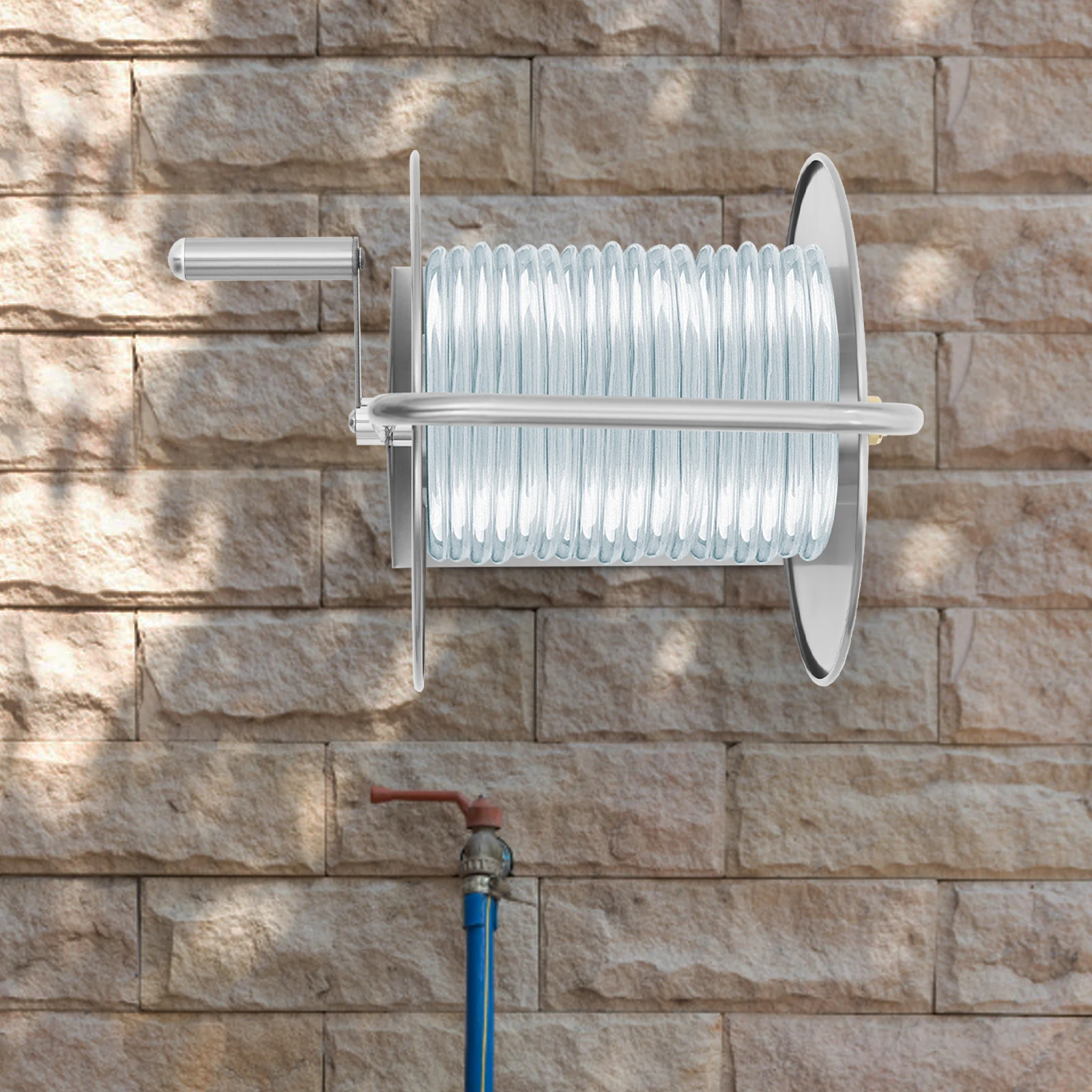 Heavy-Duty Garden Hose Reel Stand - 430 Stainless Steel Water Pipe Storage with Hand Crank (164ft Capacity) Wall/Floor Mounted