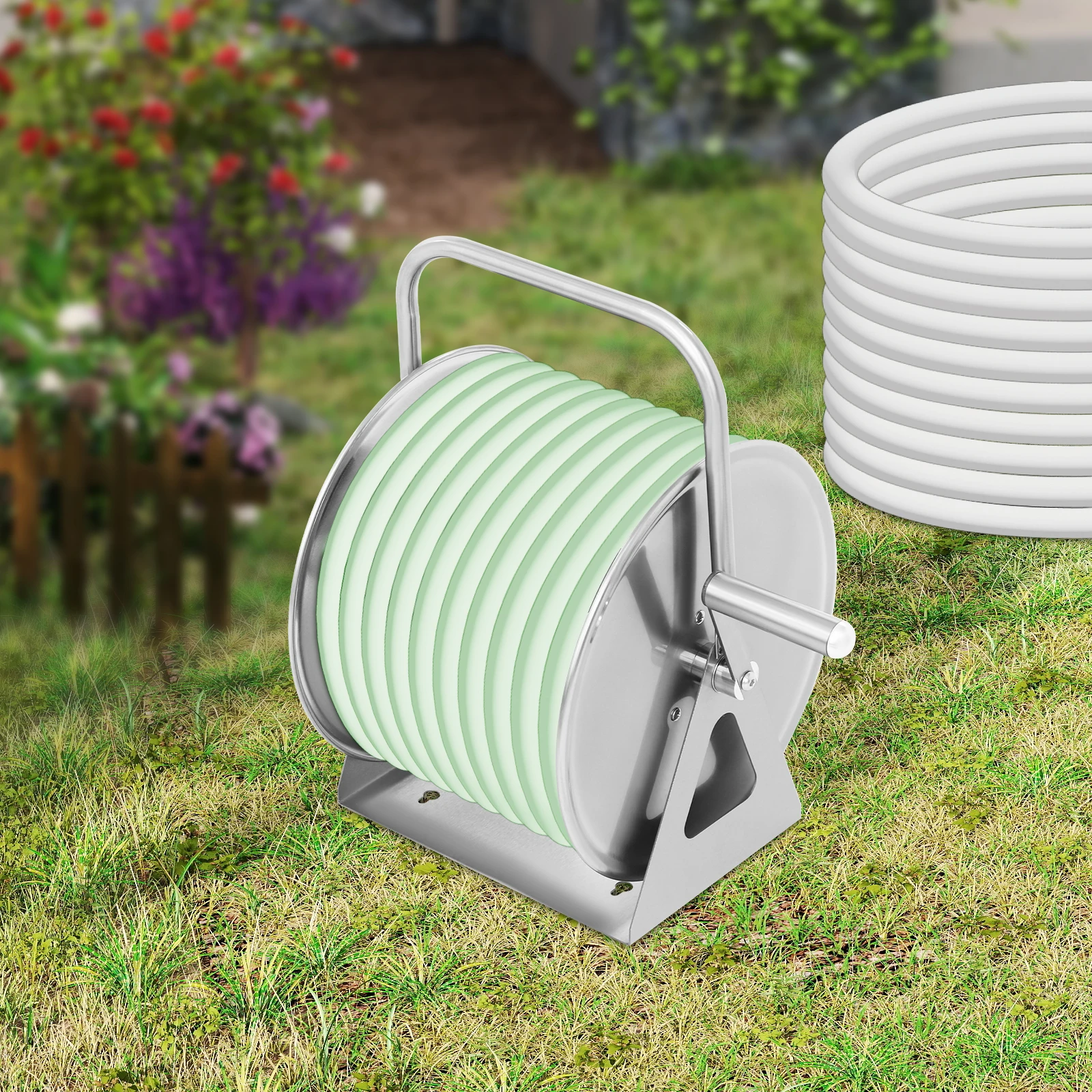 Heavy-Duty Garden Hose Reel Stand - 430 Stainless Steel Water Pipe Storage with Hand Crank (164ft Capacity) Wall/Floor Mounted