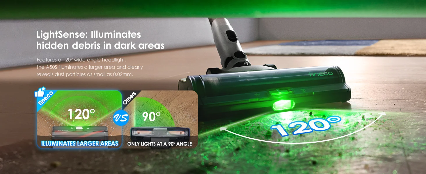 Tineco Pure ONE A50S Cordless Stick Vacuum Cleaner, Flexible Battery-Powered Vacuum 70 Min., 3DSense Power Brush, PureCyclone Technology 1L St