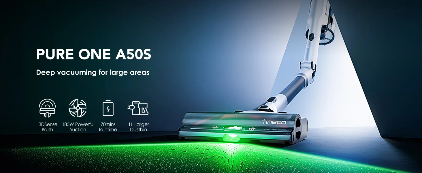 Tineco Pure ONE A50S Cordless Stick Vacuum Cleaner, Flexible Battery-Powered Vacuum 70 Min., 3DSense Power Brush, PureCyclone Technology 1L St
