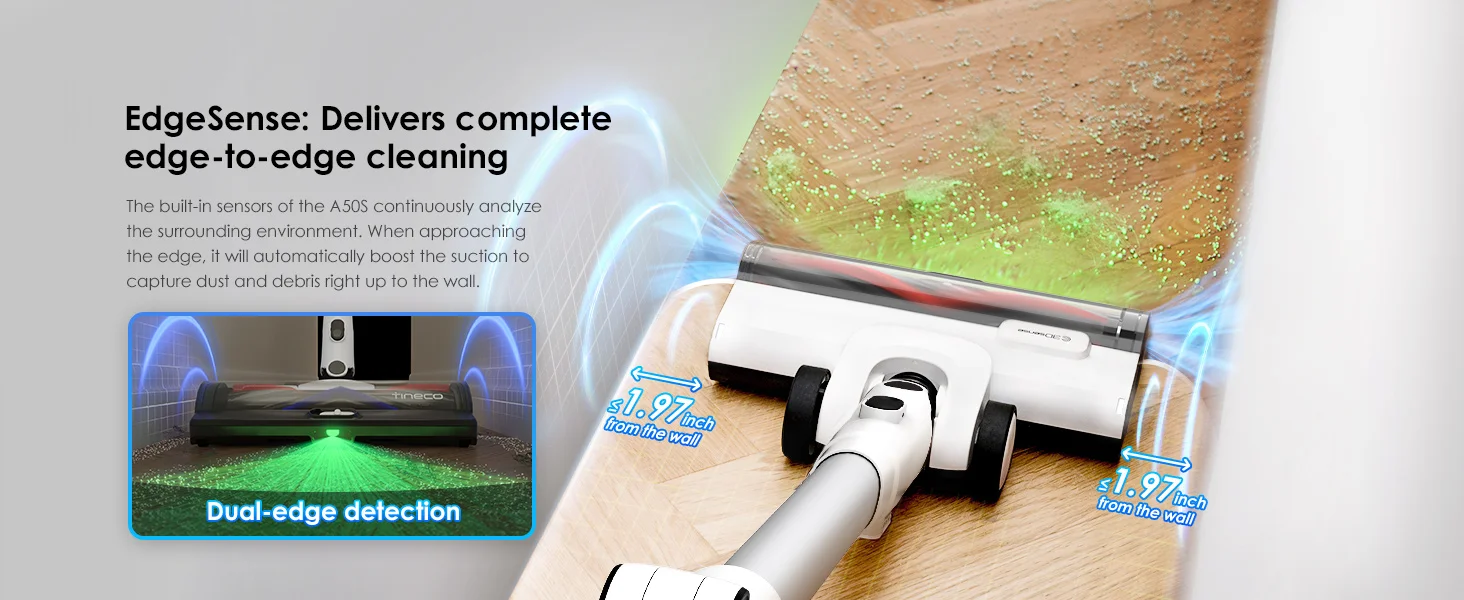Tineco Pure ONE A50S Cordless Stick Vacuum Cleaner, Flexible Battery-Powered Vacuum 70 Min., 3DSense Power Brush, PureCyclone Technology 1L St