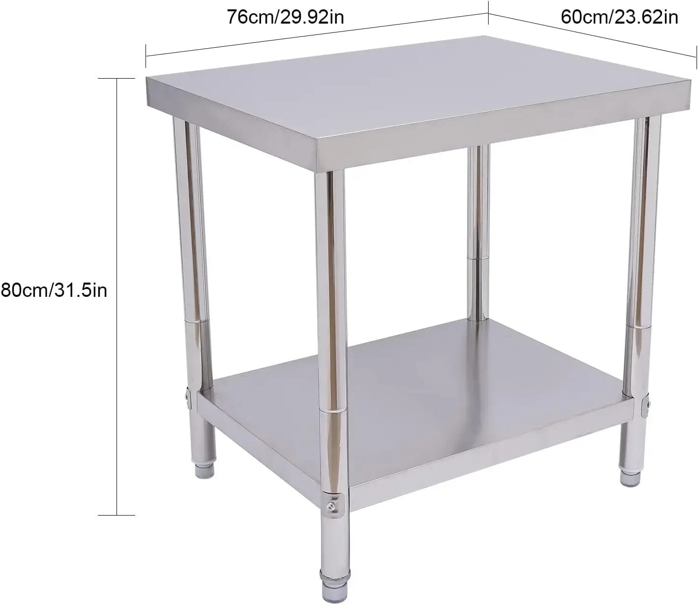Stainless Steel Work Table, Commercial Kitchen Table, Work Table, Adjustable Height for Bar, Restaurant, Silver(76 x 60 x 80 cm)