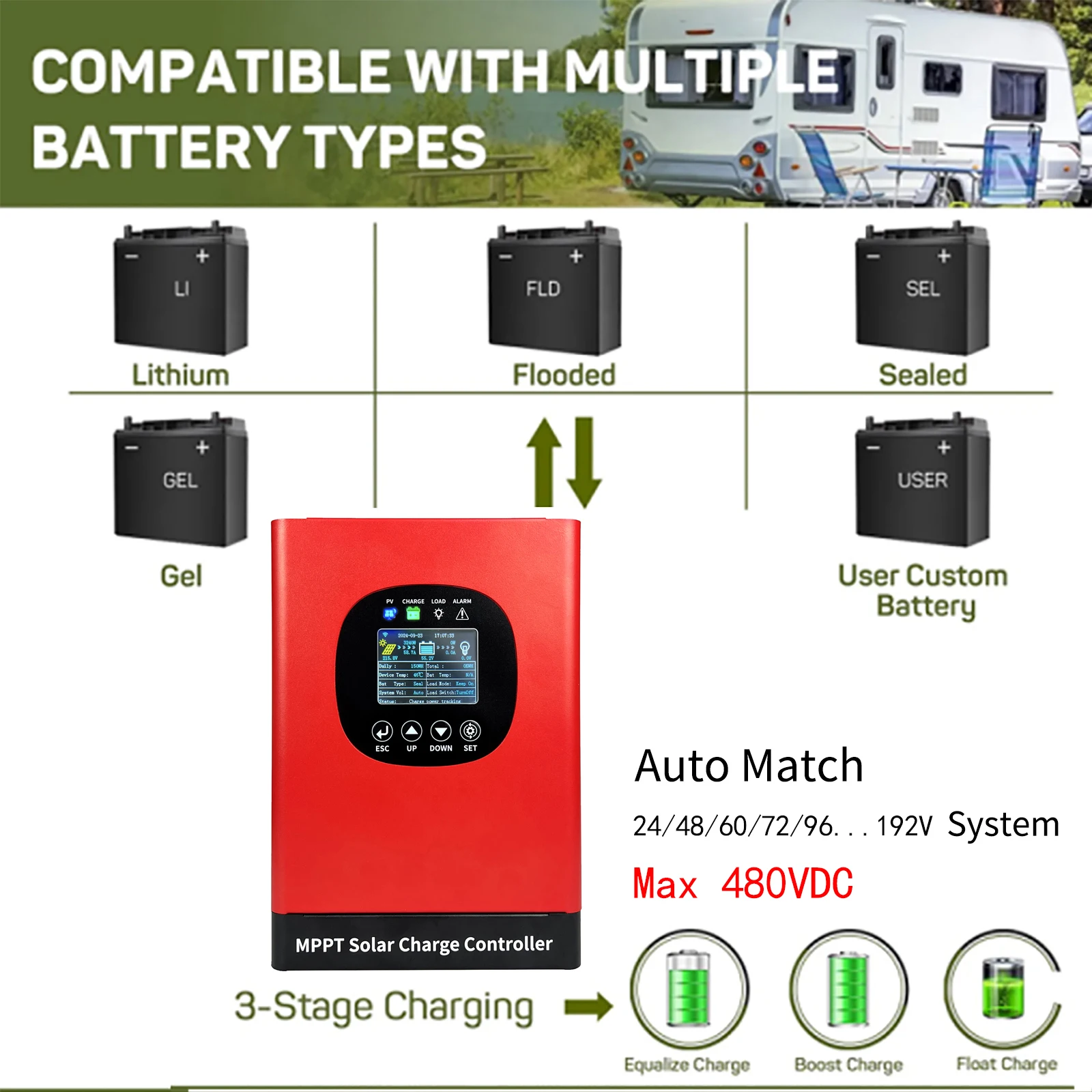 480VDC 24-192V MPPT 60A 100A 120A Solar Charge Controller Built In WIFI Monitor Funtion Solar Battery Regulator For Lifepo4 GEL