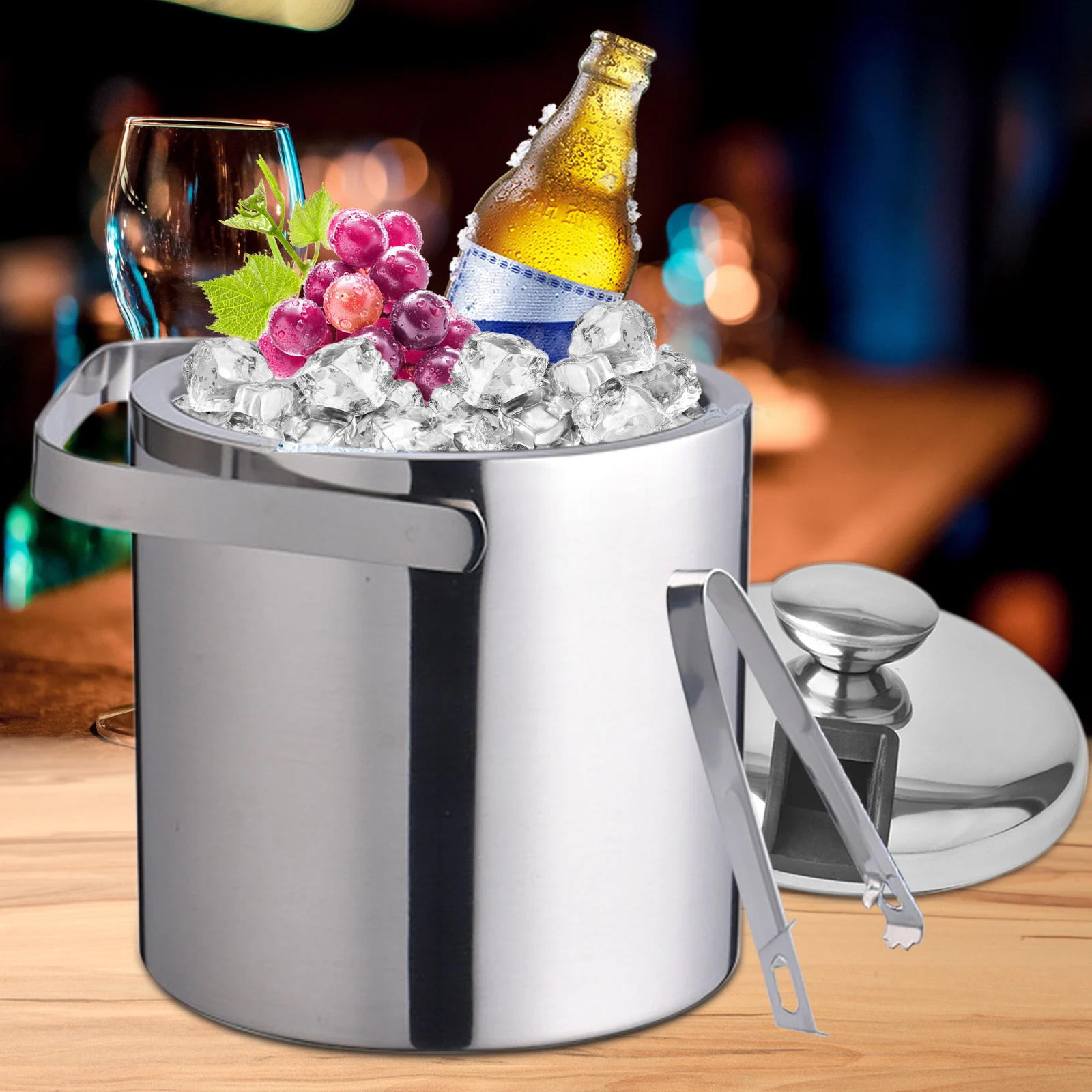 Stainless Steel Double Wall Ice Bucket with Lid And Tongs 1.3L Capacity for Drinks And Beverages