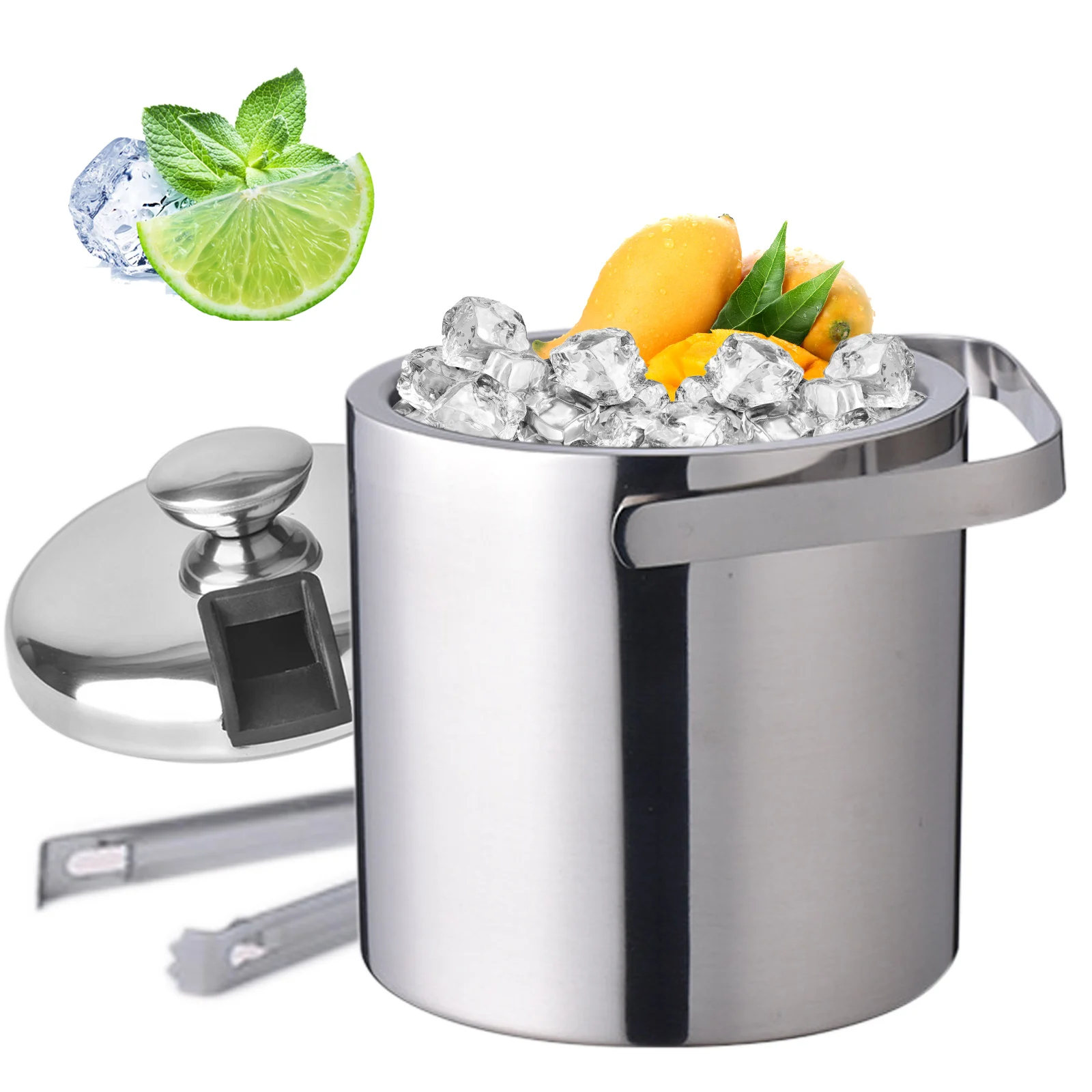 Stainless Steel Double Wall Ice Bucket with Lid And Tongs 1.3L Capacity for Drinks And Beverages