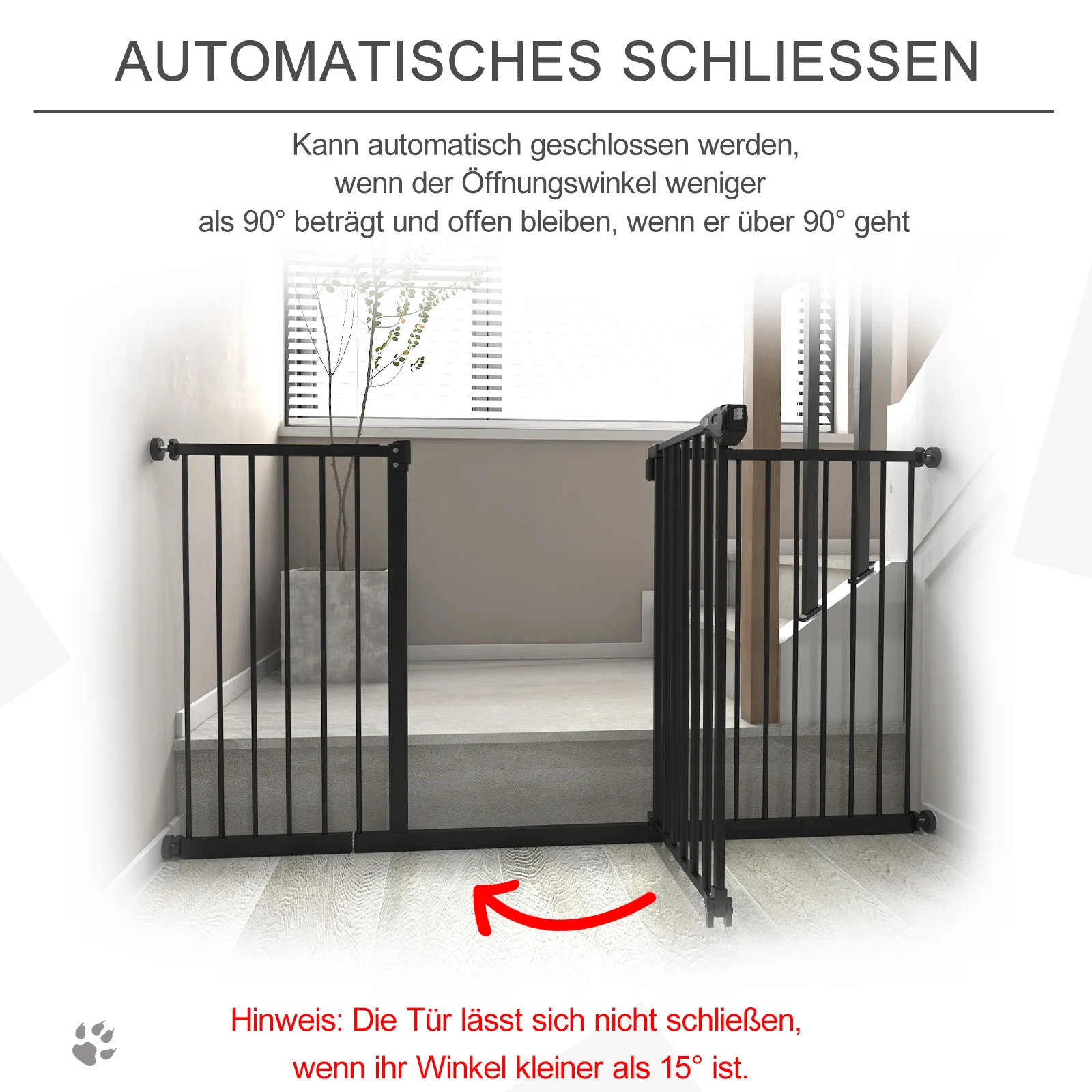 Pet safety gate, barrier gate, stair gate, no drilling required, metal, plastic, black, 136.3 cm x 76.2 cm, on-site