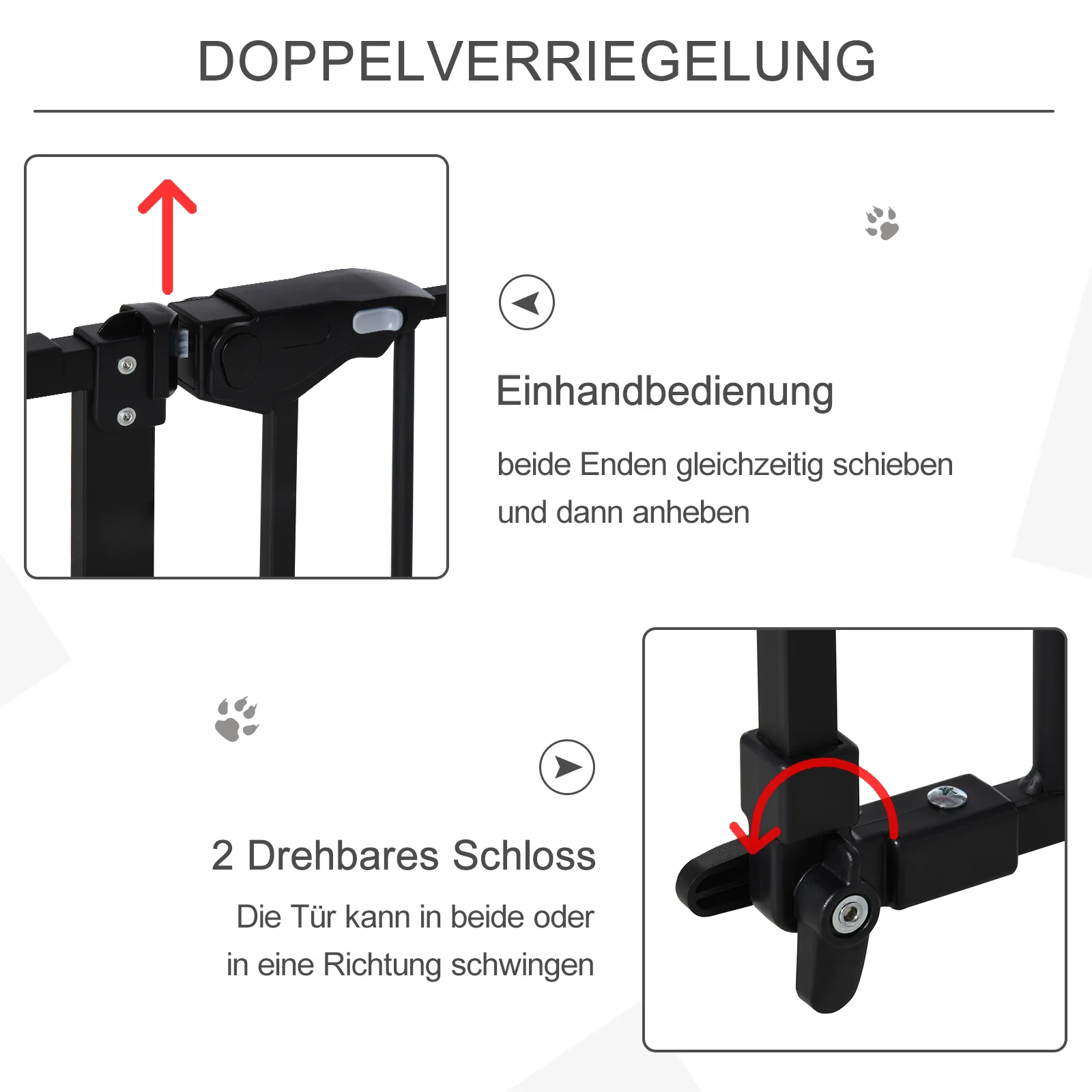 Pet safety gate, barrier gate, stair gate, no drilling required, metal, plastic, black, 136.3 cm x 76.2 cm, on-site