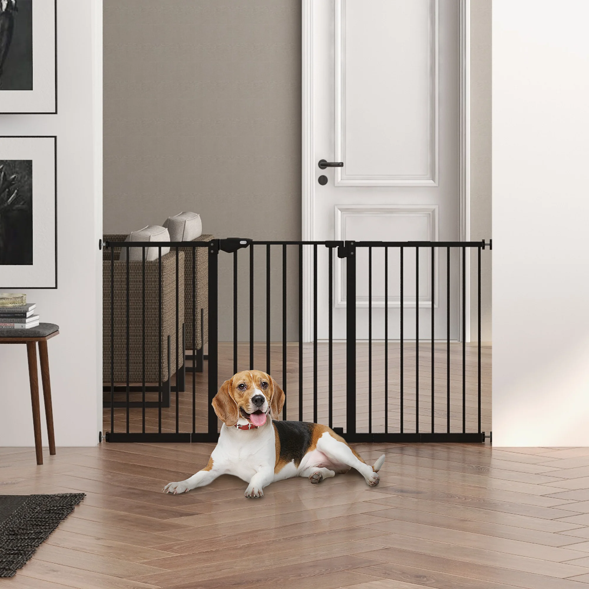 Pet safety gate, barrier gate, stair gate, no drilling required, metal, plastic, black, 136.3 cm x 76.2 cm, on-site