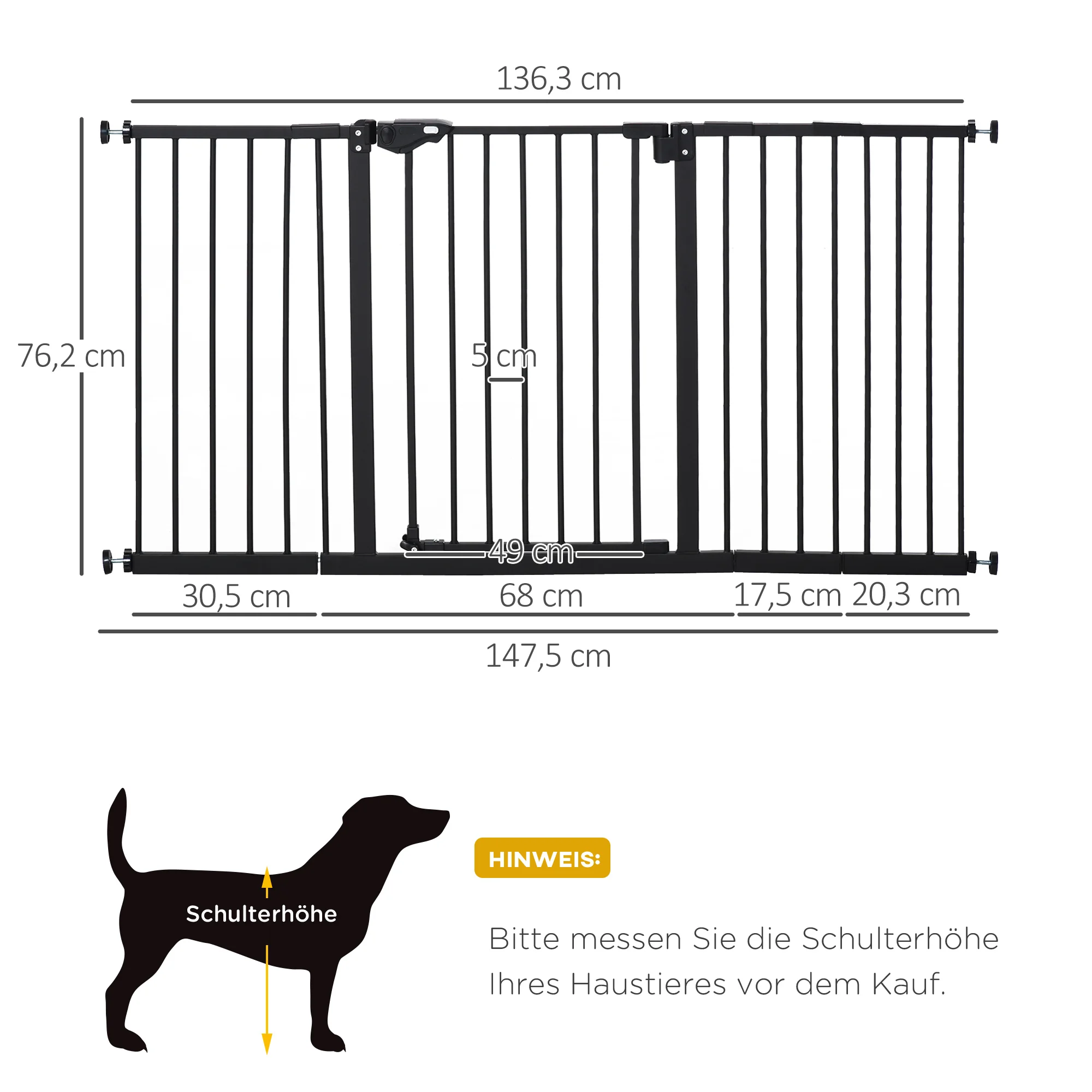 Pet safety gate, barrier gate, stair gate, no drilling required, metal, plastic, black, 136.3 cm x 76.2 cm, on-site