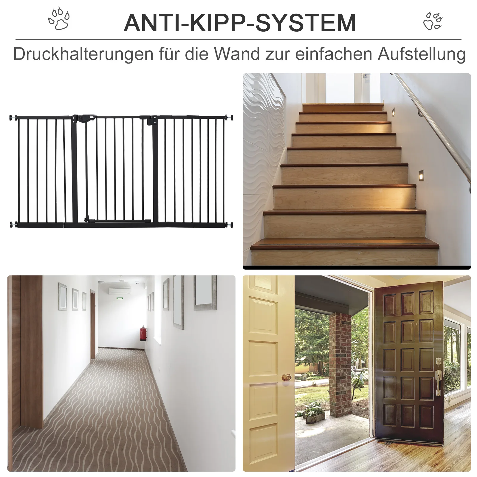 Pet safety gate, barrier gate, stair gate, no drilling required, metal, plastic, black, 136.3 cm x 76.2 cm, on-site