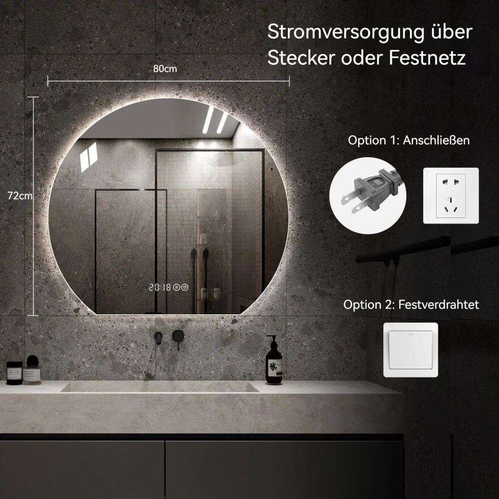 80cm Round Wall‑Mounted Smart Bathroom Mirror, Anti‑Fog Vanity Makeup Mirror, Modern Home Bathroom Decor Mirror