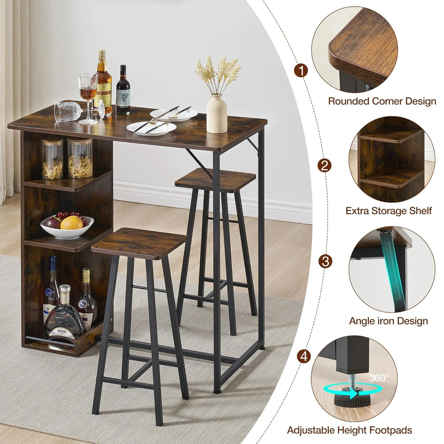 3-Piece Nordic Style Bar Table Set For 2 Space Saving Small Apartment Table With 3 Tier Storage Shelves For Kitchen Living Room