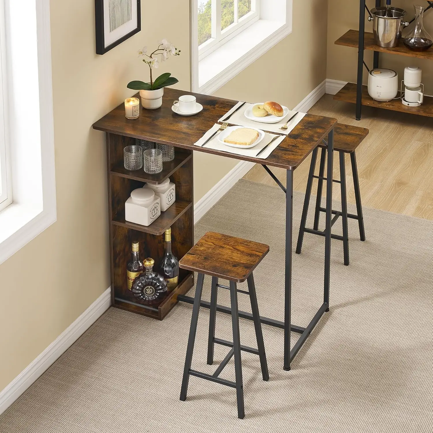 3-Piece Nordic Style Bar Table Set For 2 Space Saving Small Apartment Table With 3 Tier Storage Shelves For Kitchen Living Room