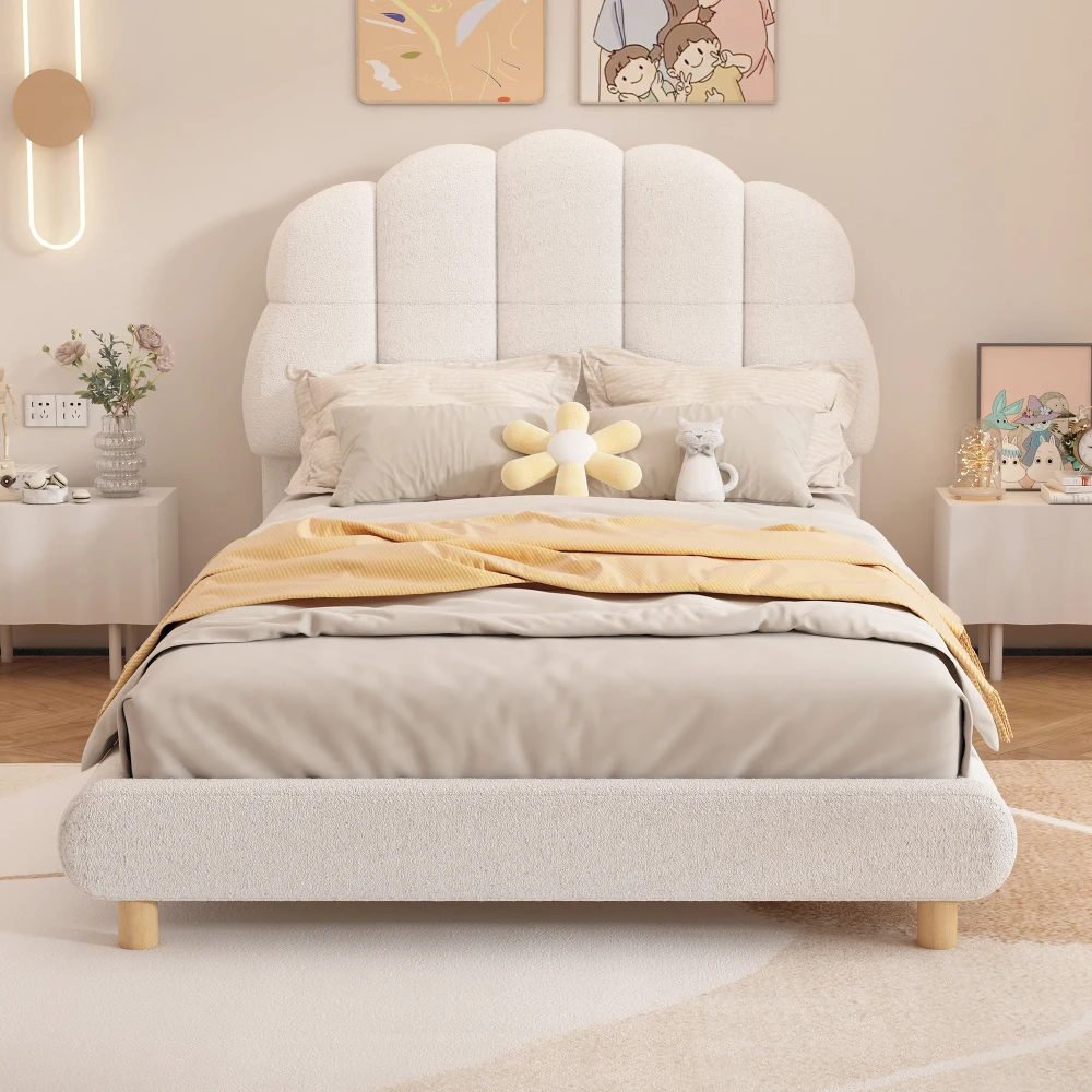 90x200cm White Flat Baby Cot Plush Upholstered Toddler Bed with Cute Headboard Kids Single Bed Frame