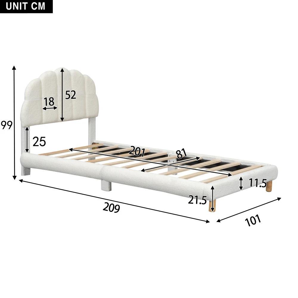 90x200cm White Flat Baby Cot Plush Upholstered Toddler Bed with Cute Headboard Kids Single Bed Frame