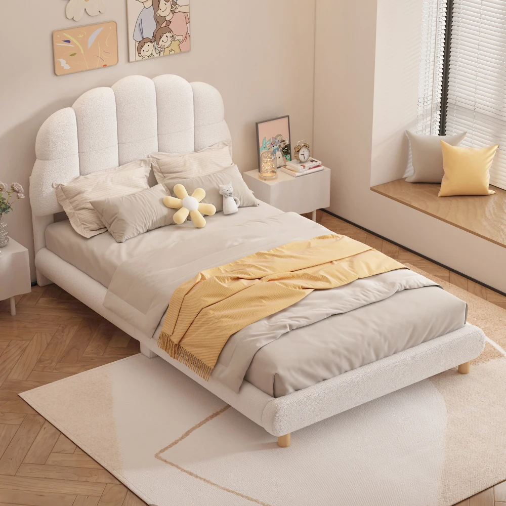 90x200cm White Flat Baby Cot Plush Upholstered Toddler Bed with Cute Headboard Kids Single Bed Frame