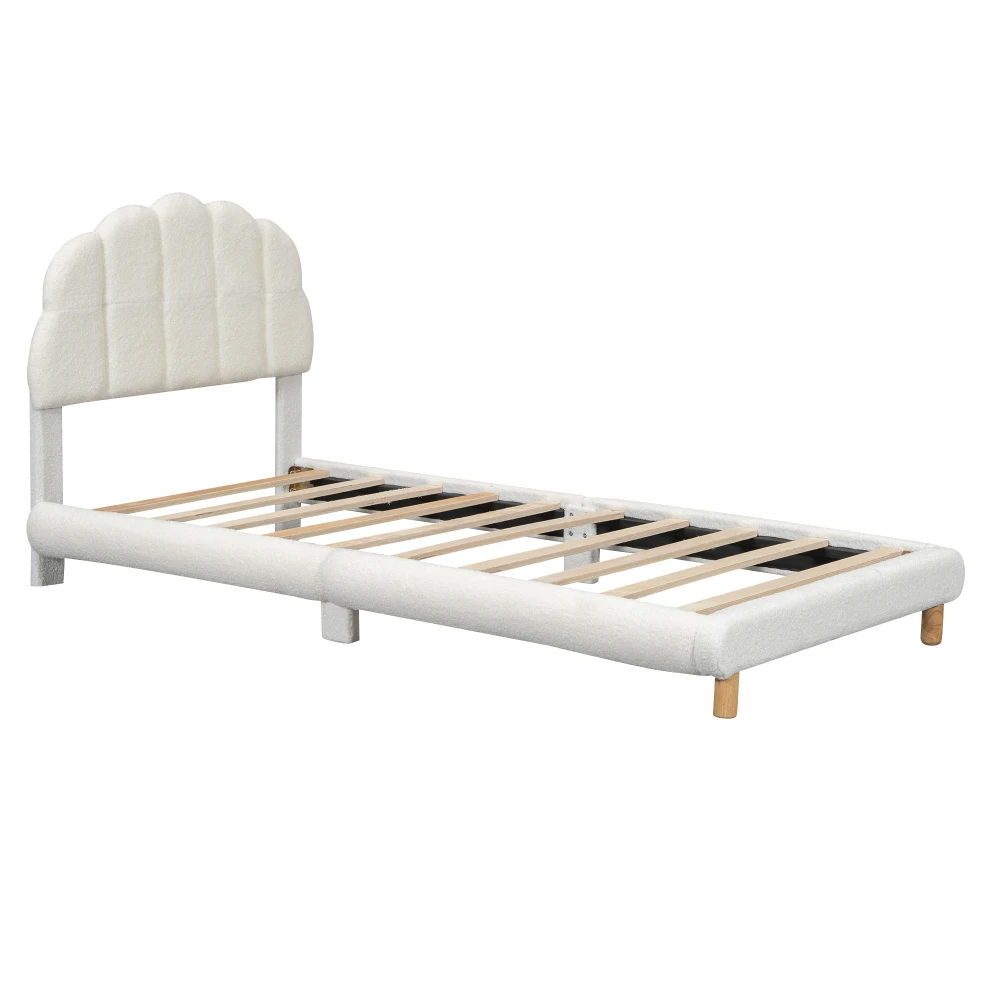 90x200cm White Flat Baby Cot Plush Upholstered Toddler Bed with Cute Headboard Kids Single Bed Frame