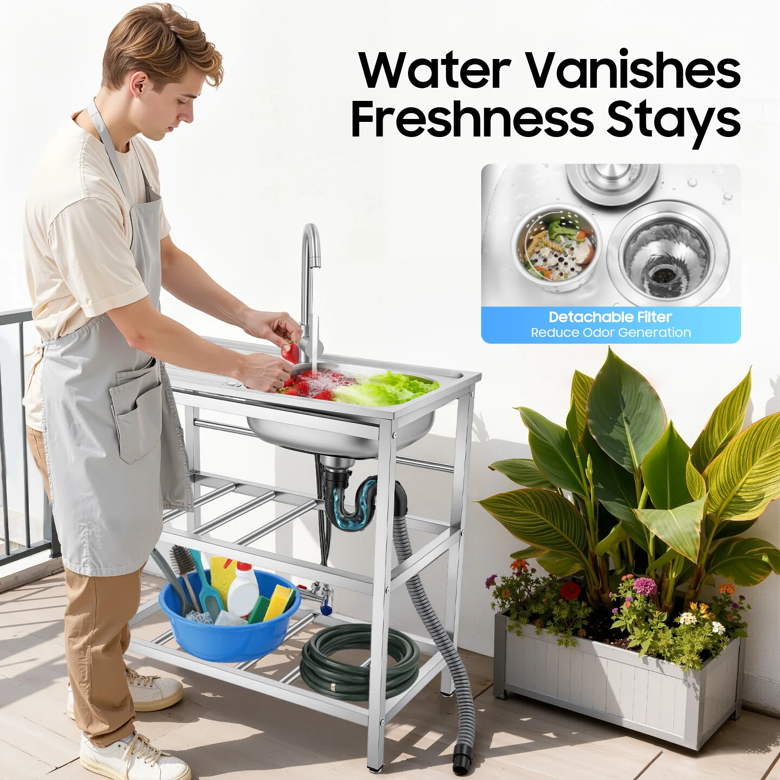 Stainless Steel Kitchen Utility Sink Freestanding Outdoor Kitchen Sink With Faucet Single Bowl For Washing Utensils, Ingredients