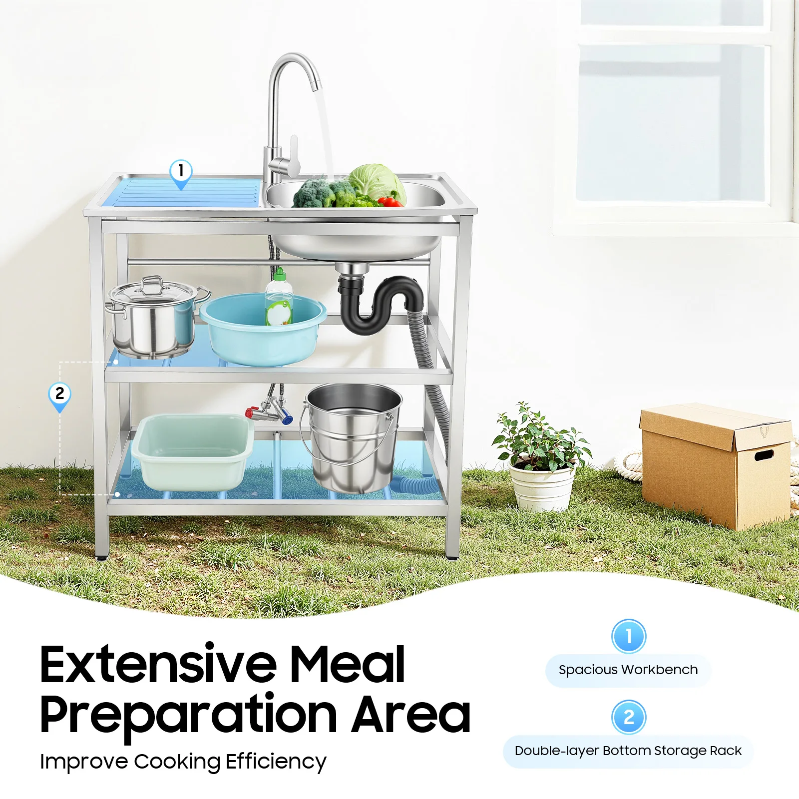 Stainless Steel Kitchen Utility Sink Freestanding Outdoor Kitchen Sink With Faucet Single Bowl For Washing Utensils, Ingredients