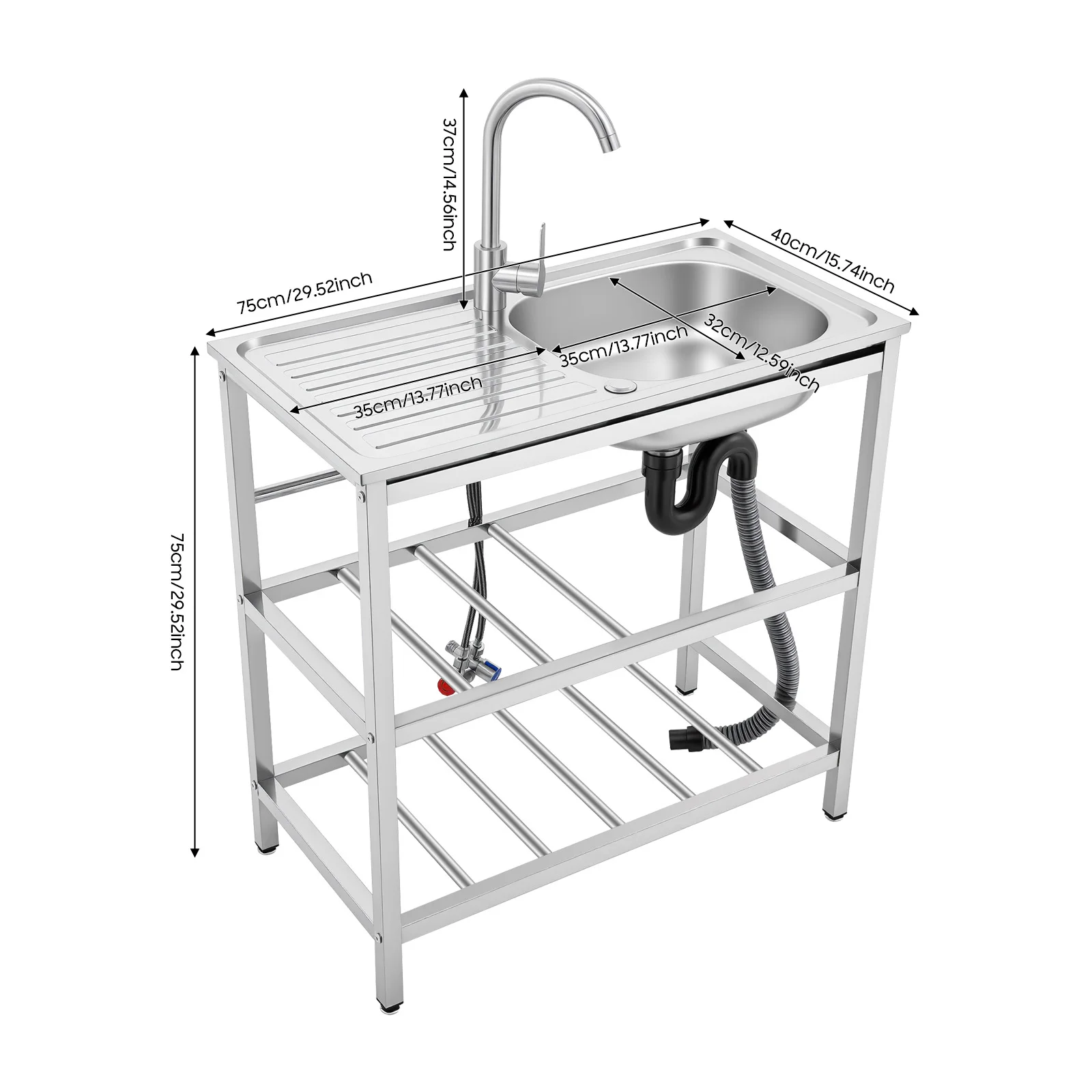 Stainless Steel Kitchen Utility Sink Freestanding Outdoor Kitchen Sink With Faucet Single Bowl For Washing Utensils, Ingredients