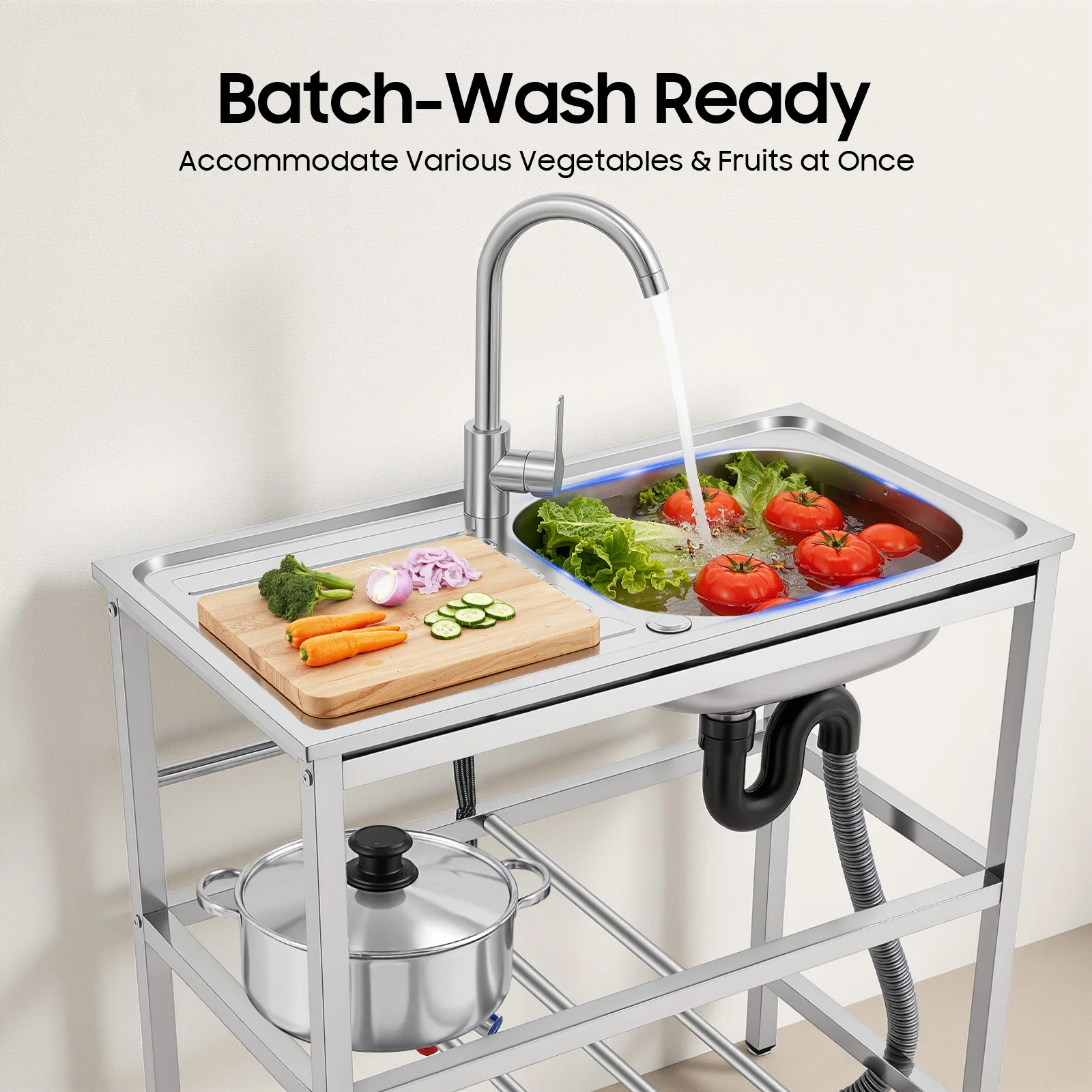 Stainless Steel Kitchen Utility Sink Freestanding Outdoor Kitchen Sink With Faucet Single Bowl For Washing Utensils, Ingredients