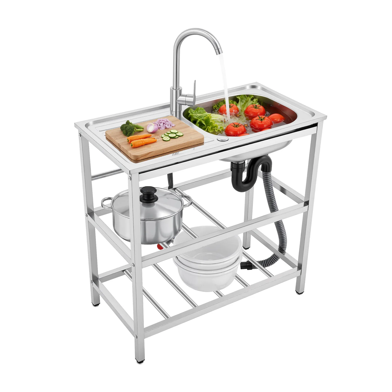 Stainless Steel Kitchen Utility Sink Freestanding Outdoor Kitchen Sink With Faucet Single Bowl For Washing Utensils, Ingredients