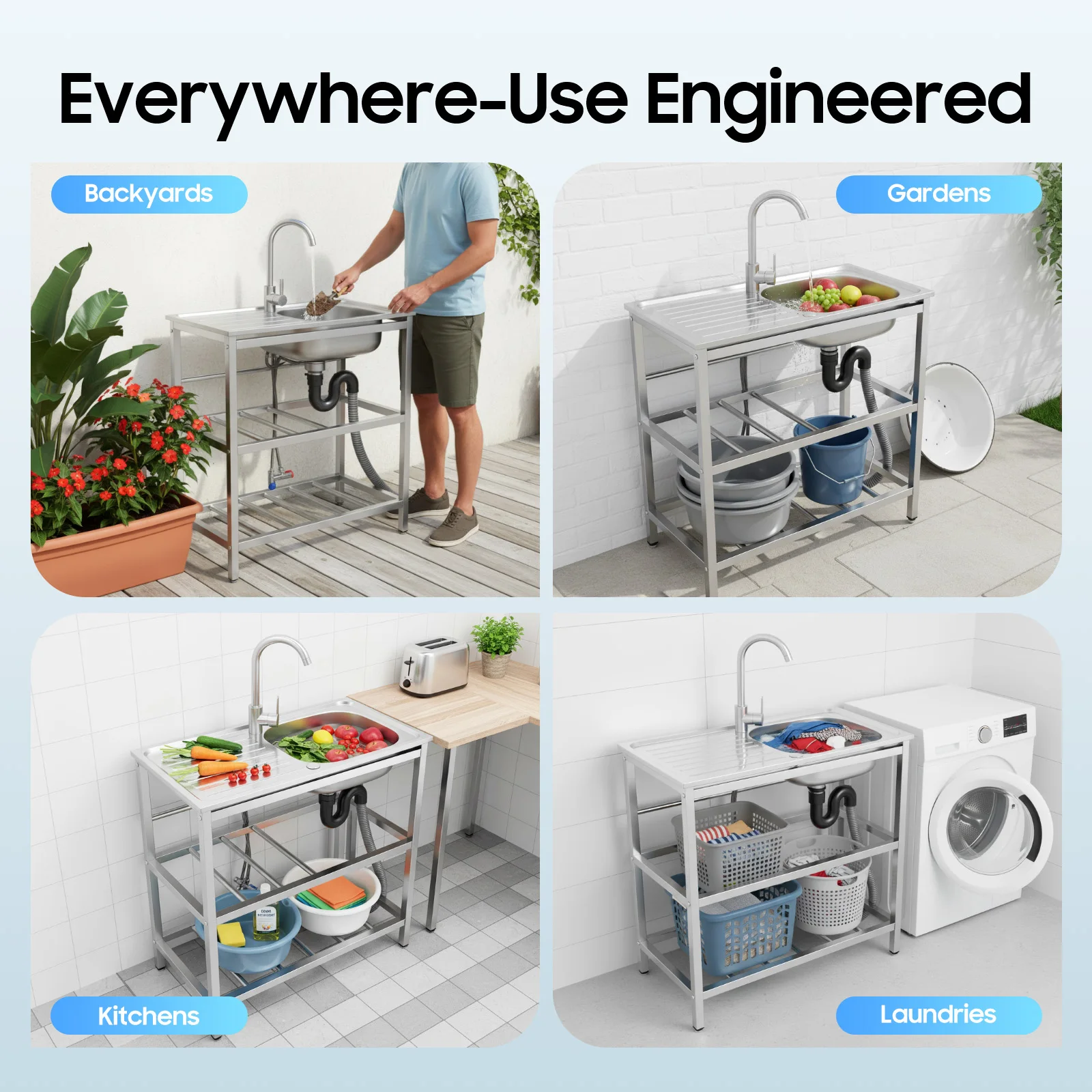 Stainless Steel Kitchen Utility Sink Freestanding Outdoor Kitchen Sink With Faucet Single Bowl For Washing Utensils, Ingredients