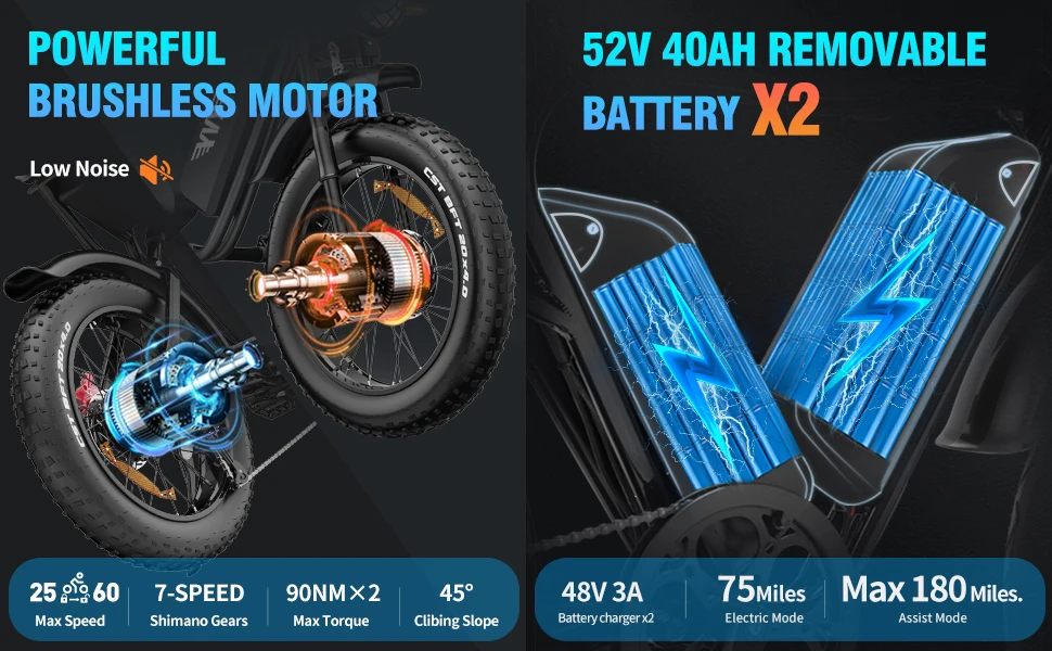 YVY C20Max 2000W Dual Motor Electric Bike 52V 40Ah Dual Battery Adult Ebike 60KM/H Motorbike 180KM Fat Tire Electric Bicycle
