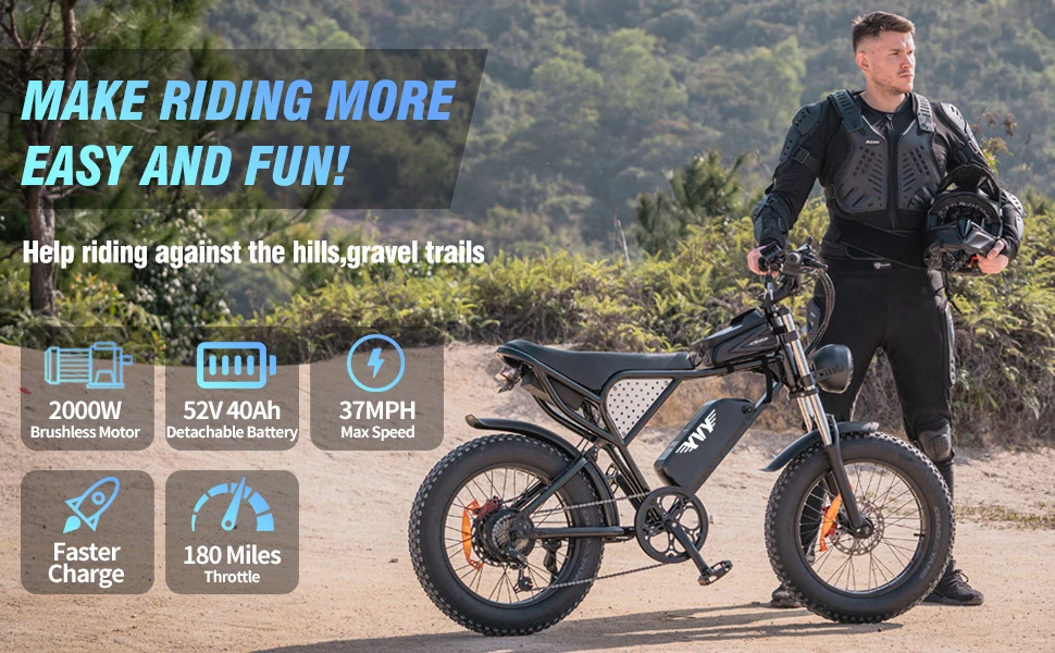 YVY C20Max 2000W Dual Motor Electric Bike 52V 40Ah Dual Battery Adult Ebike 60KM/H Motorbike 180KM Fat Tire Electric Bicycle