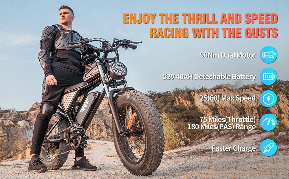 YVY C20Max 2000W Dual Motor Electric Bike 52V 40Ah Dual Battery Adult Ebike 60KM/H Motorbike 180KM Fat Tire Electric Bicycle