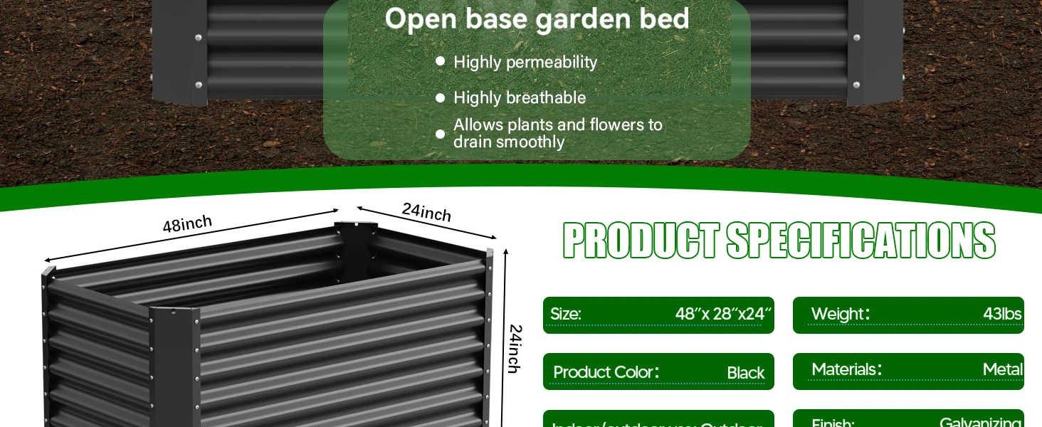 VELPAX Metal Raised Garden Strap, 122x61x61 cm, Weather Resistant Outdoor Vegetable Trap, Rectangular