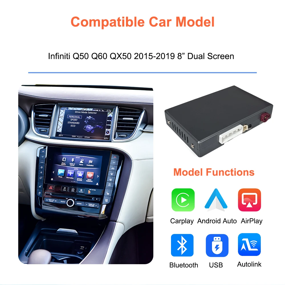 Carplay Module without thread Bonroad for Infiniti, double screen 8 inches, 2015-2019 Q50 Q60 Q50L QX50 Android Auto Airplay Mirror ink Box
