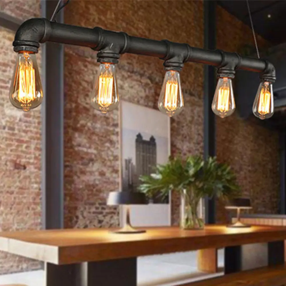 Industrial 5-Light Water Pipe Pendant Light Adjustable Hanging Chandelier with Dimmable Compatibility for Kitchen Dining Room
