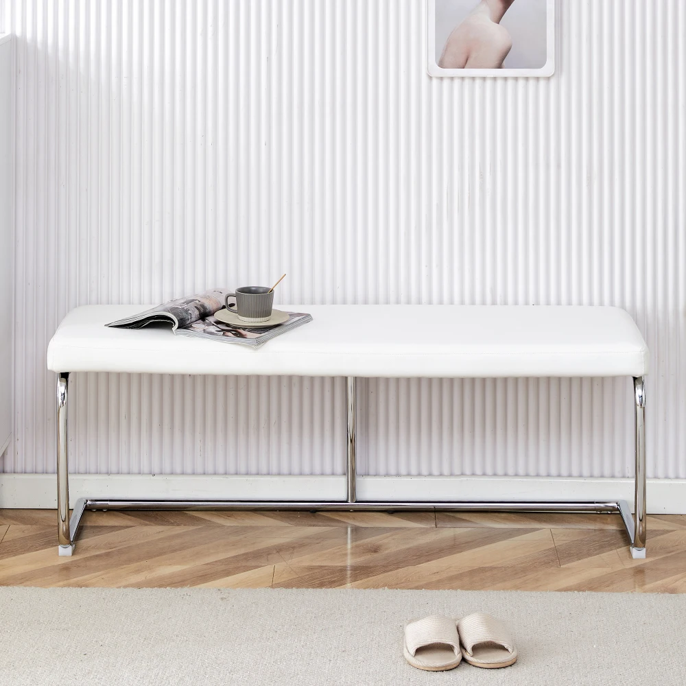 130cm Leather Bench with Chrome Frame Modern Design for Living Room Dining Hallway