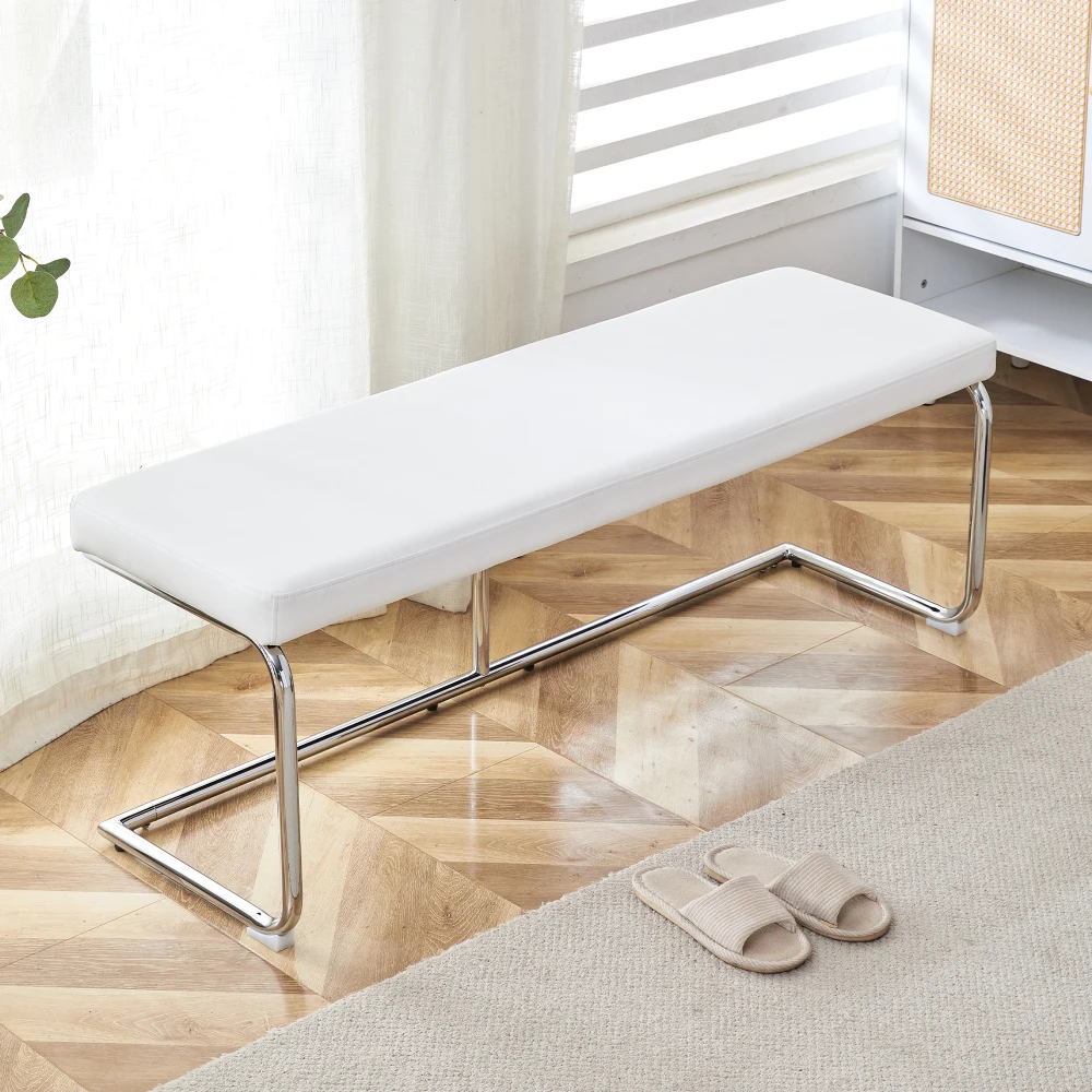 130cm Leather Bench with Chrome Frame Modern Design for Living Room Dining Hallway