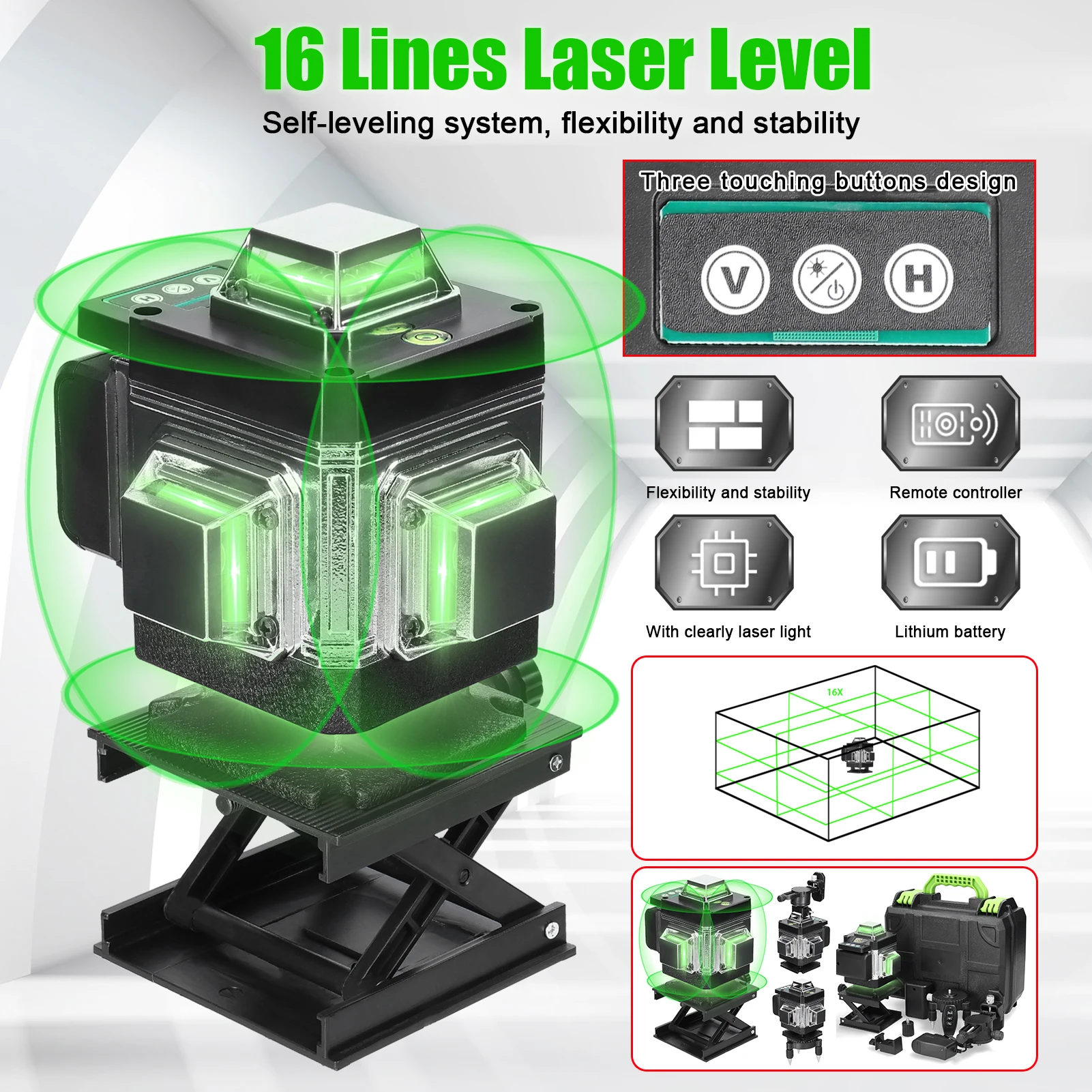 16 Lines Laser Level 3° Self-leveling Machine Rechargeable Lithium Battery Leveling Tool with 1.2m Adjustable Tripod Stand
