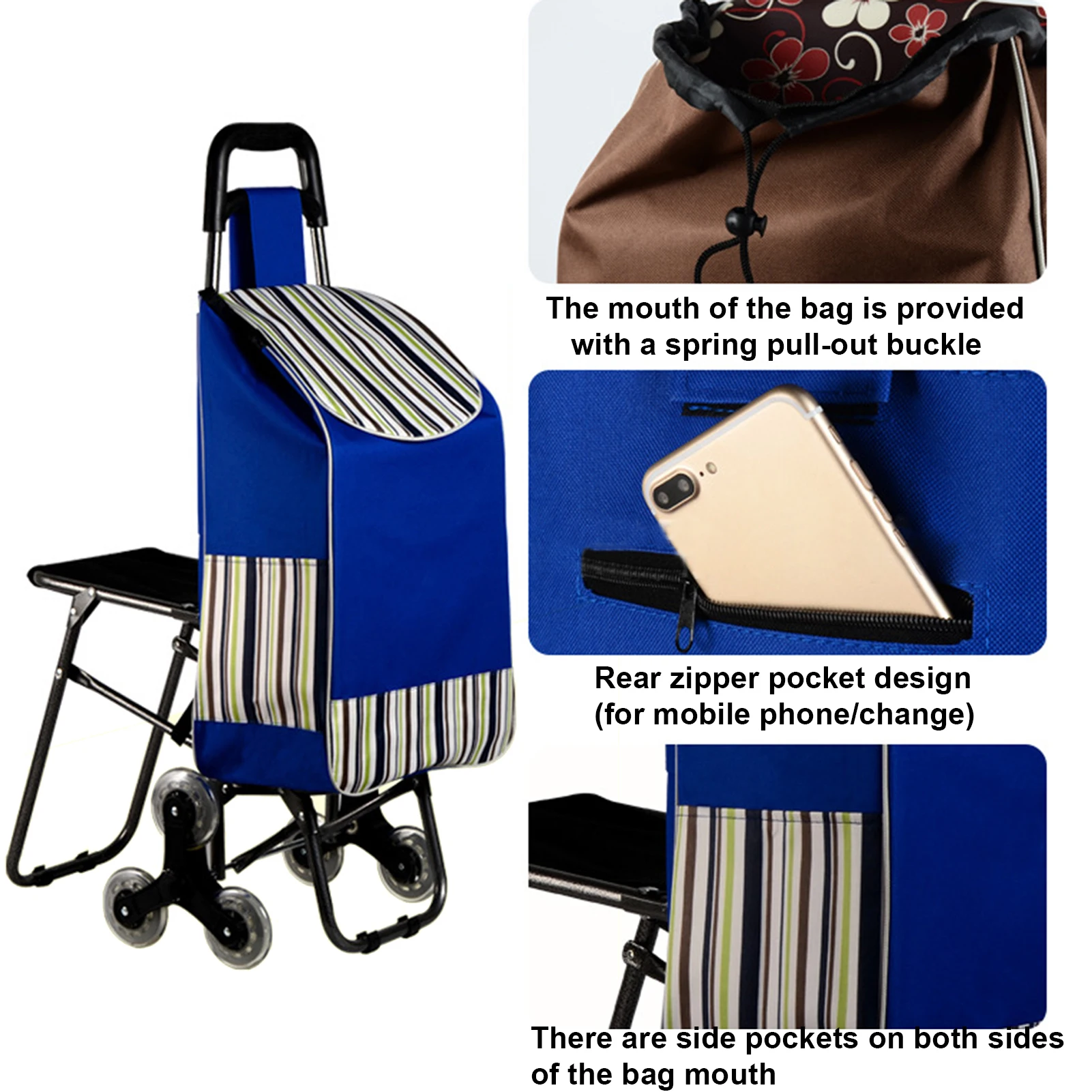 Foldable Shopping Cart With Seat, Dual Three-Wheel Stair-Climbing Trolley, Ergonomic Handle