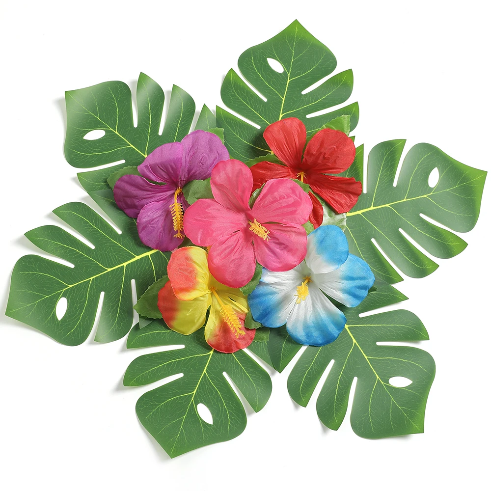 48 Pieces Of Palm-Leaf Hibiscus Flowers Simulated Artificial Leaf Hawaiian Jungle Beach Theme Birthday Dining Table Decoration