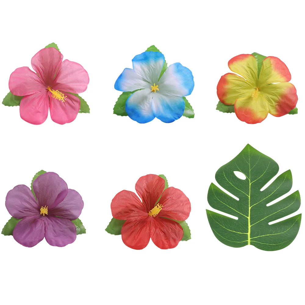 48 Pieces Of Palm-Leaf Hibiscus Flowers Simulated Artificial Leaf Hawaiian Jungle Beach Theme Birthday Dining Table Decoration