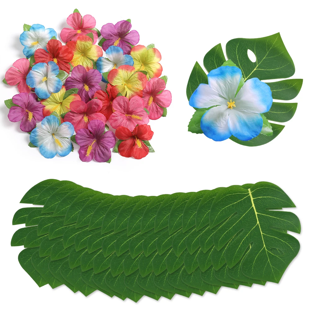 48 Pieces Of Palm-Leaf Hibiscus Flowers Simulated Artificial Leaf Hawaiian Jungle Beach Theme Birthday Dining Table Decoration