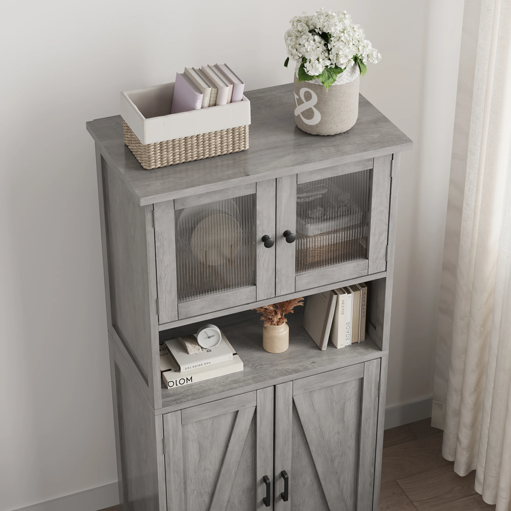 HAUSPROFI Tall Storage Cabinet 128cm with Glass Doors – Adjustable Shelves, Damp-Resistant for Kitchen, Bathroom & Hallway