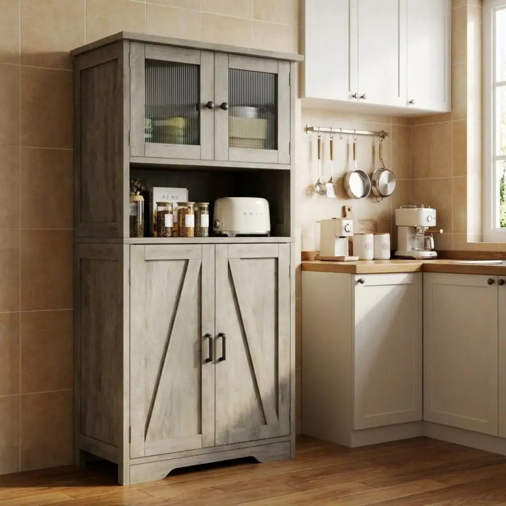 HAUSPROFI Tall Storage Cabinet 128cm with Glass Doors – Adjustable Shelves, Damp-Resistant for Kitchen, Bathroom & Hallway