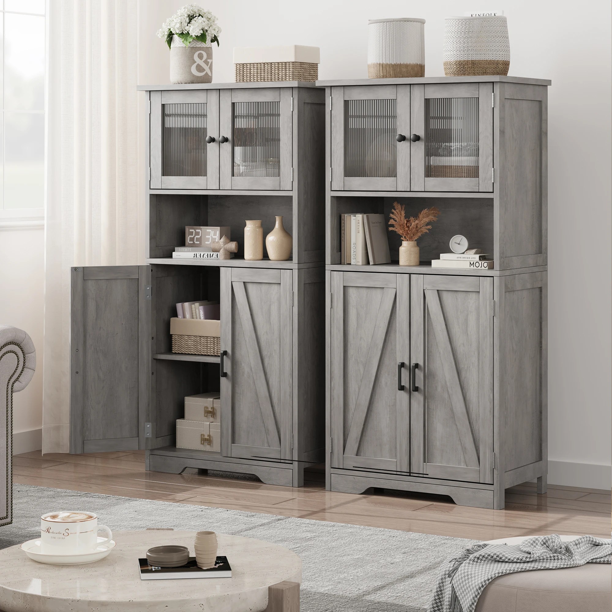 HAUSPROFI Tall Storage Cabinet 128cm with Glass Doors – Adjustable Shelves, Damp-Resistant for Kitchen, Bathroom & Hallway